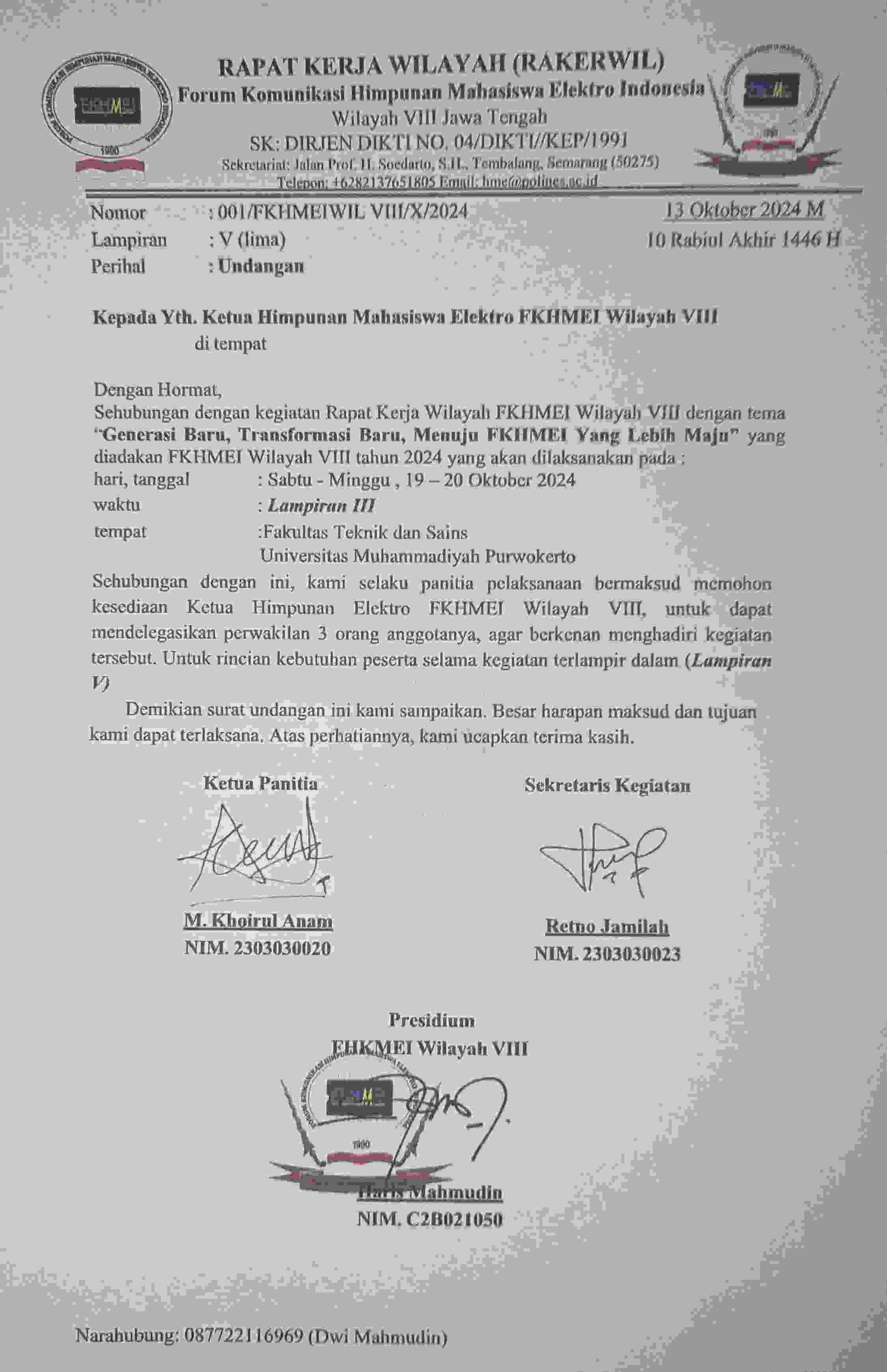 Undangan Rakerwil Universitas Muhamadiyah Purwokerto